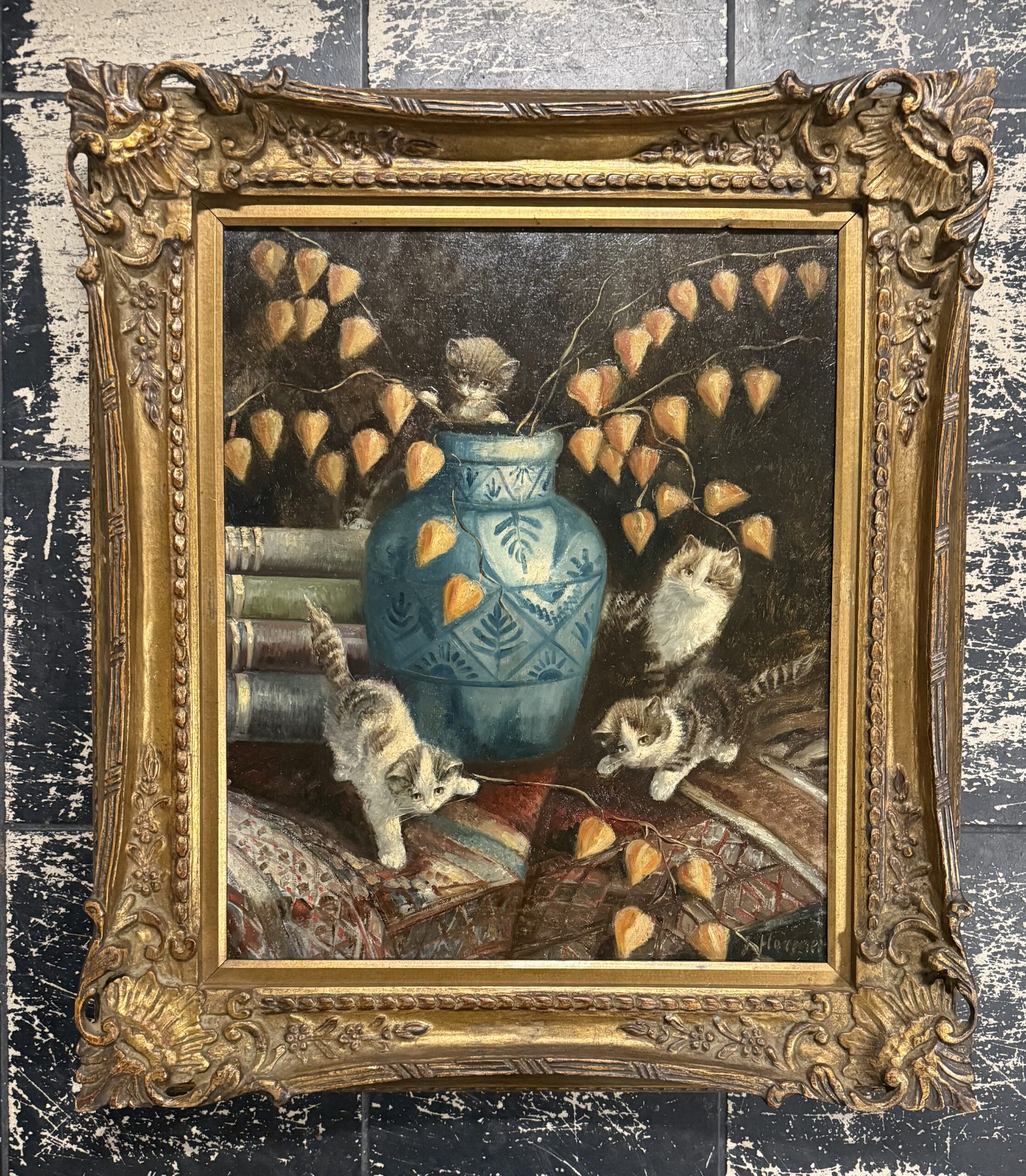 Jan Hovener – Spelende kittens bij bloemenvaas